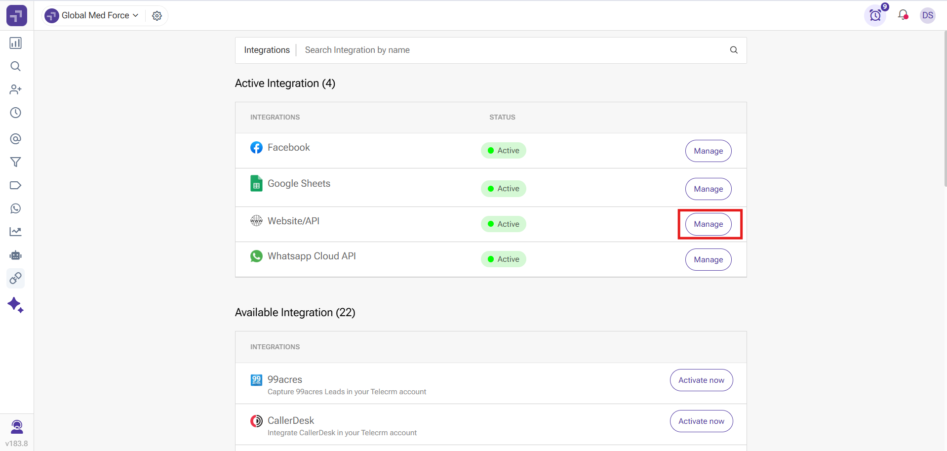 TeleCRM active integrations list with the Manage button next to Website/API highlighted