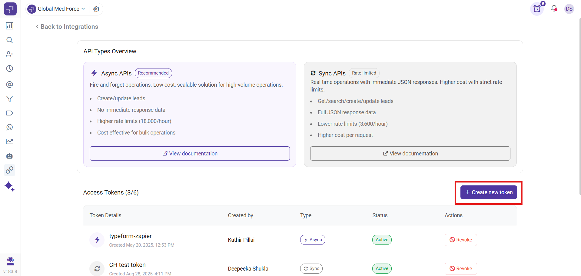 TeleCRM Website/API page showing API Types Overview and the Create new token button highlighted