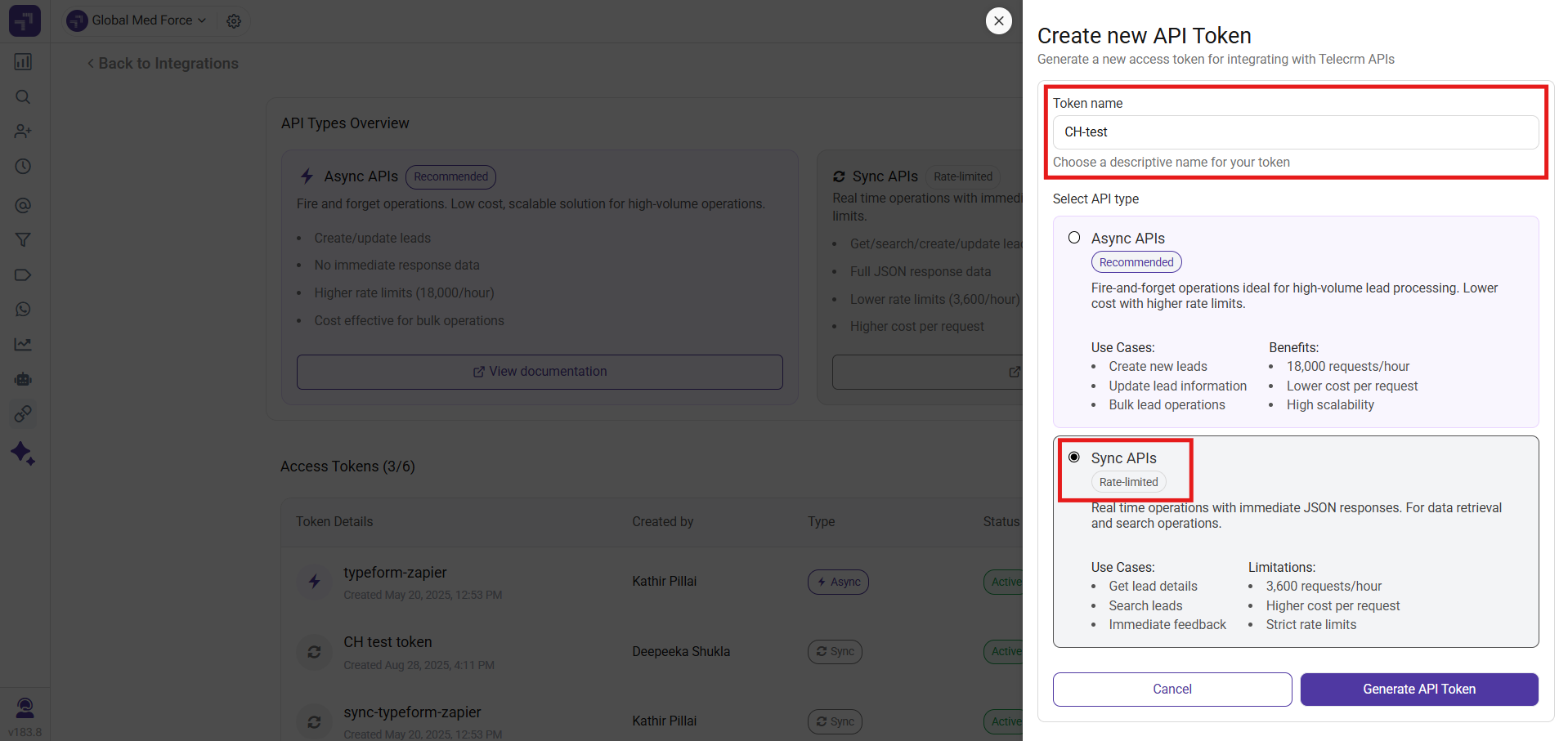 TeleCRM Create new API Token panel with a token name entered and Sync APIs selected as the API type