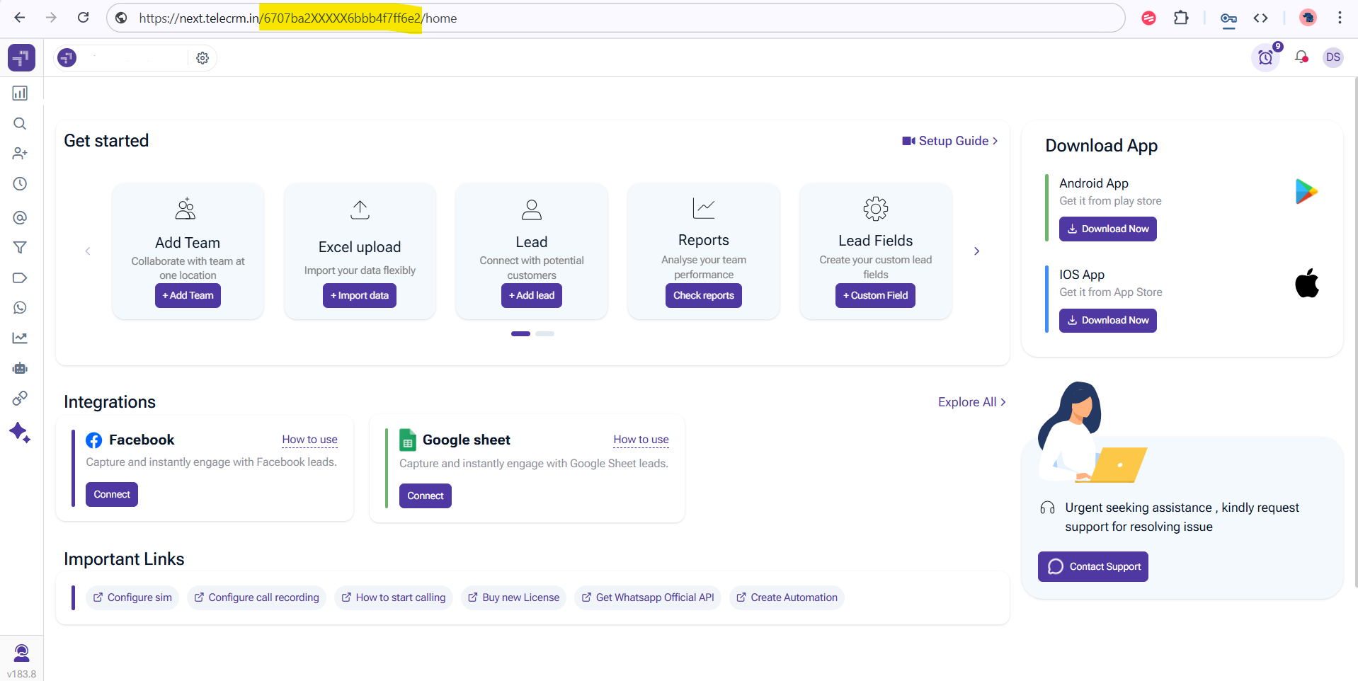 TeleCRM home page with the Enterprise ID portion of the browser URL highlighted