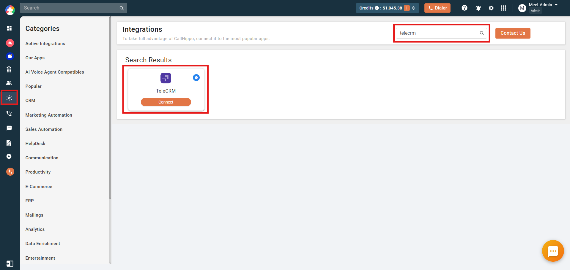 CallHippo Integrations page with TeleCRM found in search and the Connect button highlighted