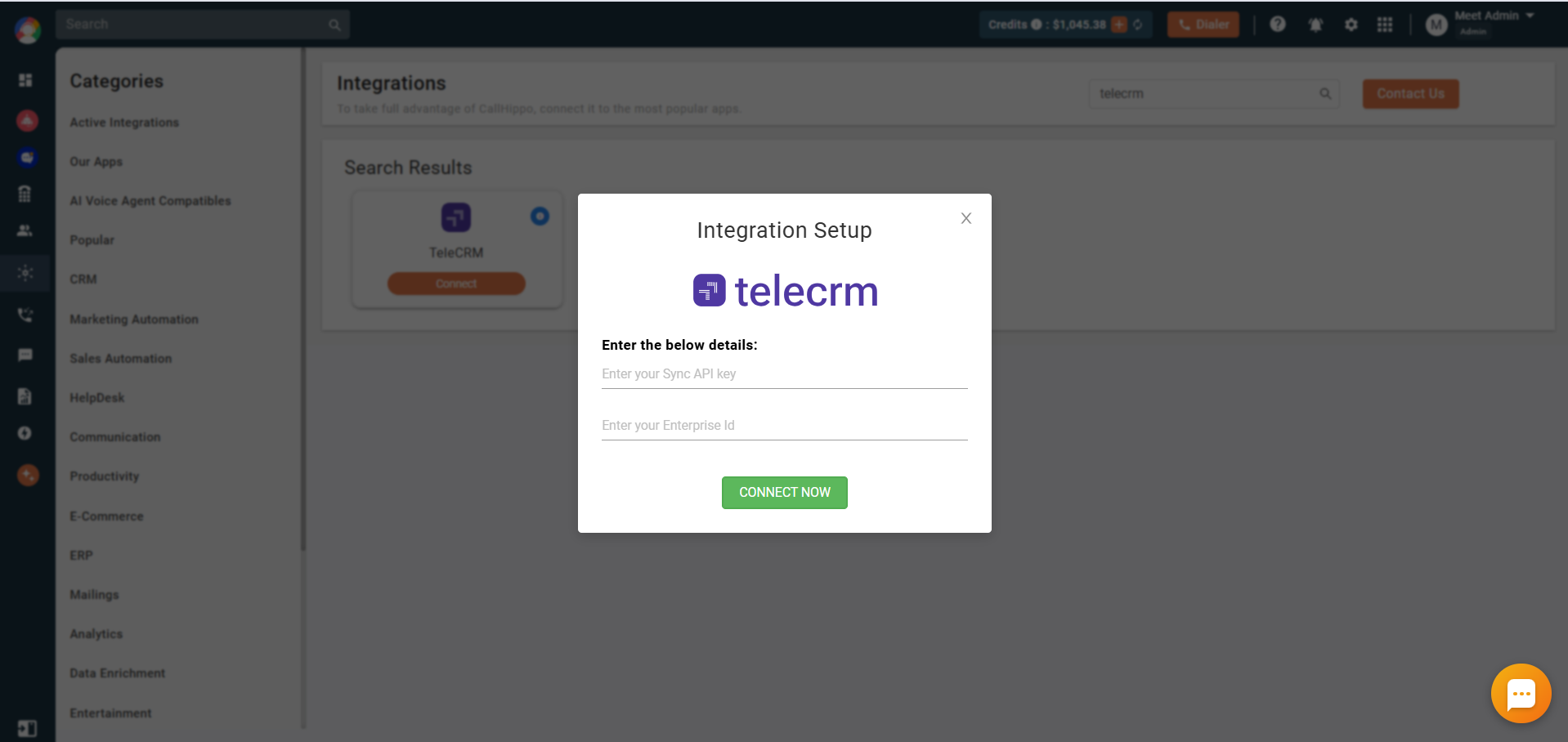 CallHippo TeleCRM Integration Setup dialog with fields for the Sync API key and Enterprise ID