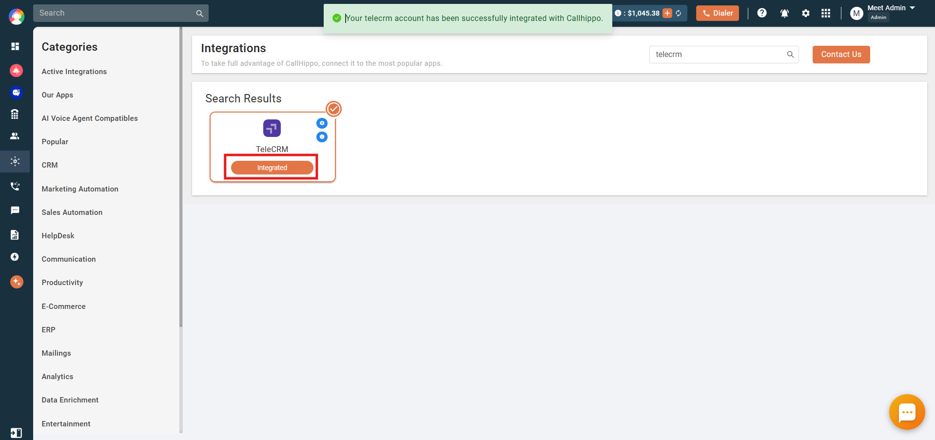 CallHippo confirmation that TeleCRM is successfully integrated with the status showing Integrated