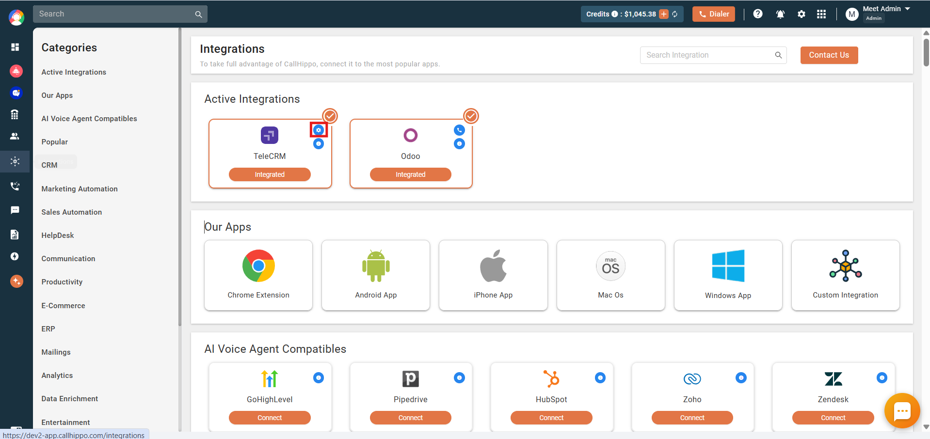 CallHippo Active Integrations showing TeleCRM with the settings icon highlighted