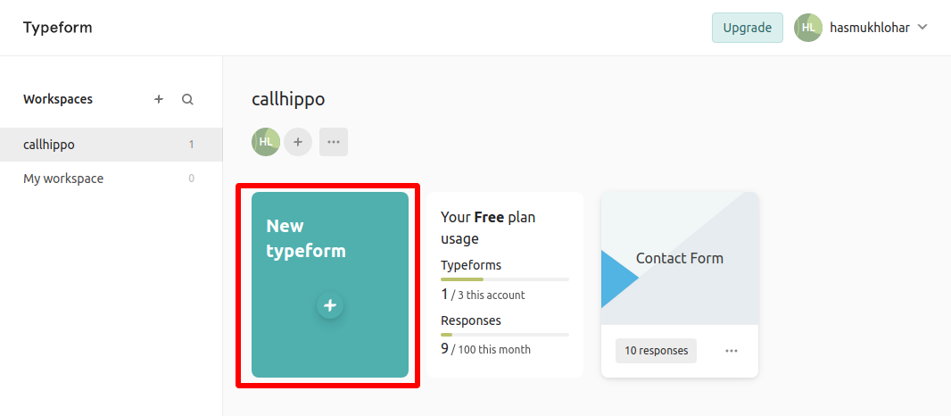 Typeform workspace with the New typeform card highlighted