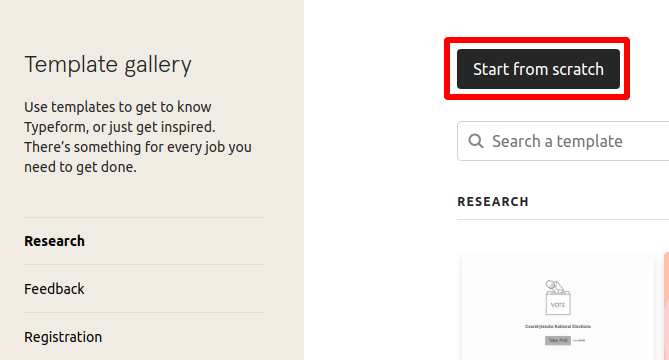 Typeform template gallery with the Start from scratch button highlighted