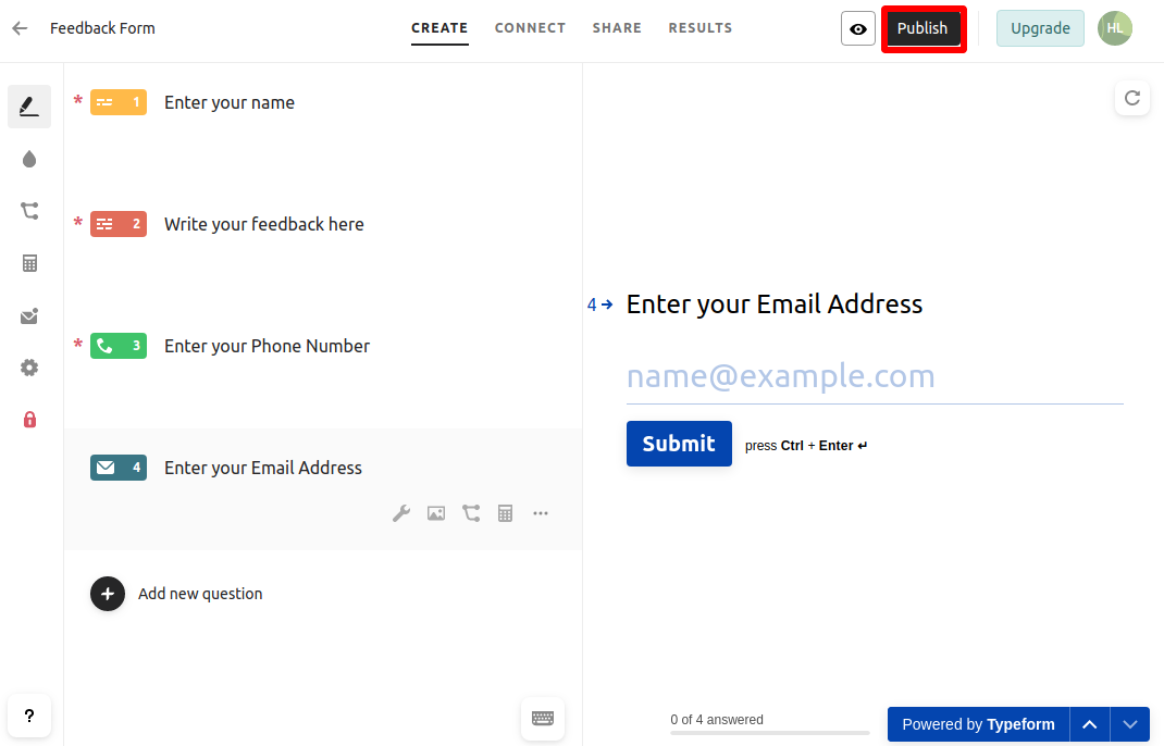 Typeform builder showing Name, Feedback, Phone and Email fields with the Publish button highlighted