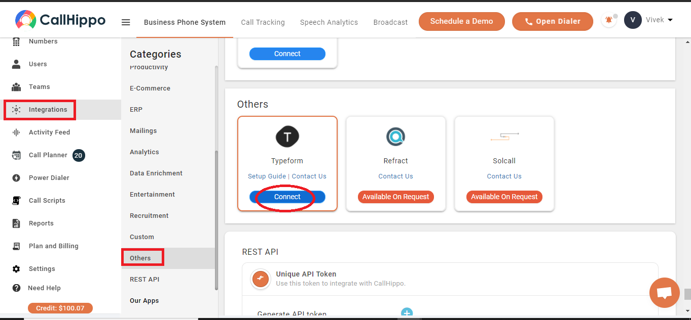 CallHippo Integrations Others section with Typeform Connect button highlighted