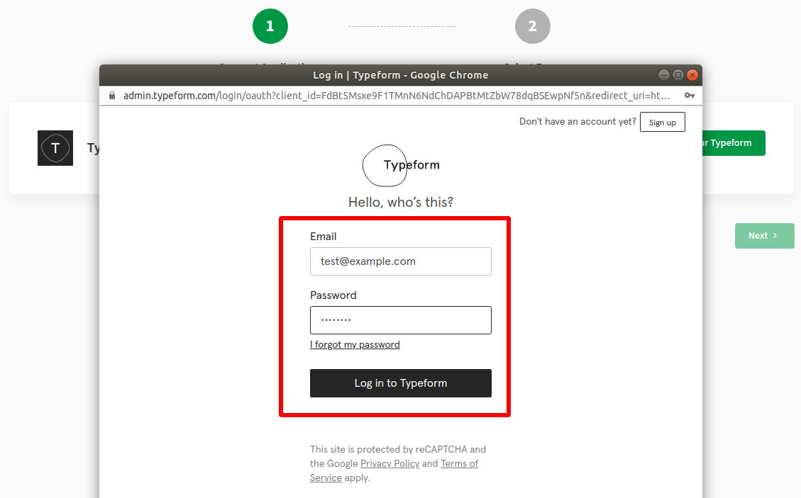 Typeform login window asking for email and password