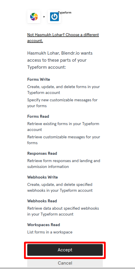 Typeform permissions page listing access rights with the Accept button highlighted