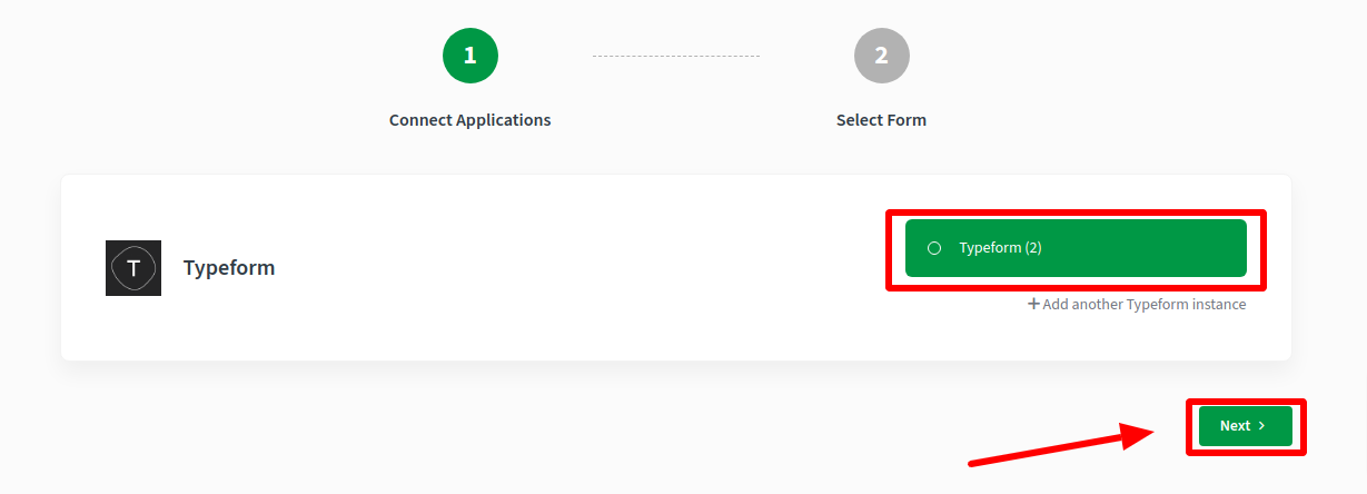 CallHippo Typeform setup with the connected account selected and Next button highlighted