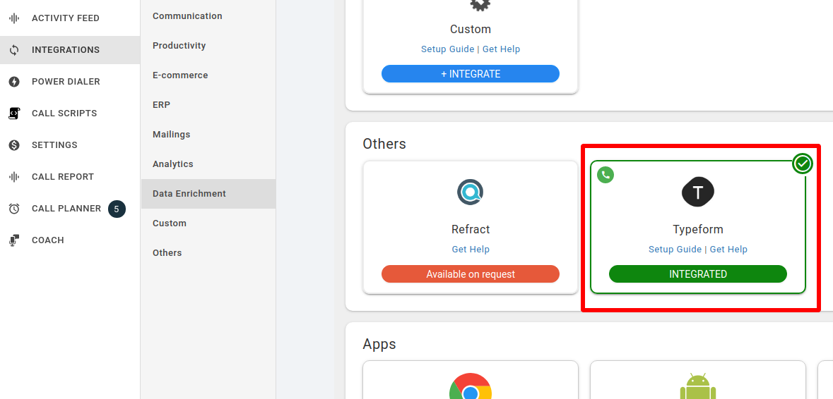 CallHippo Integrations page showing Typeform with an INTEGRATED status badge
