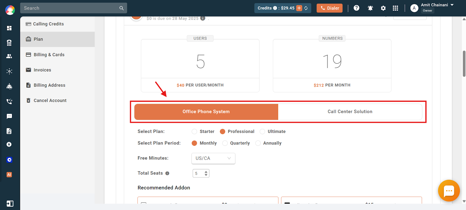 Plan selector showing Office Phone System and Call Center Solution options with plan and billing period choices