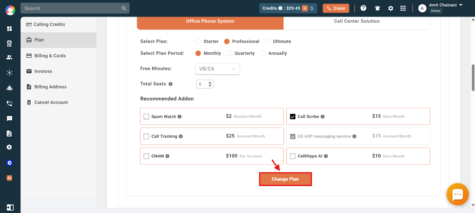 Plan configuration screen with the Change Plan button highlighted at the bottom