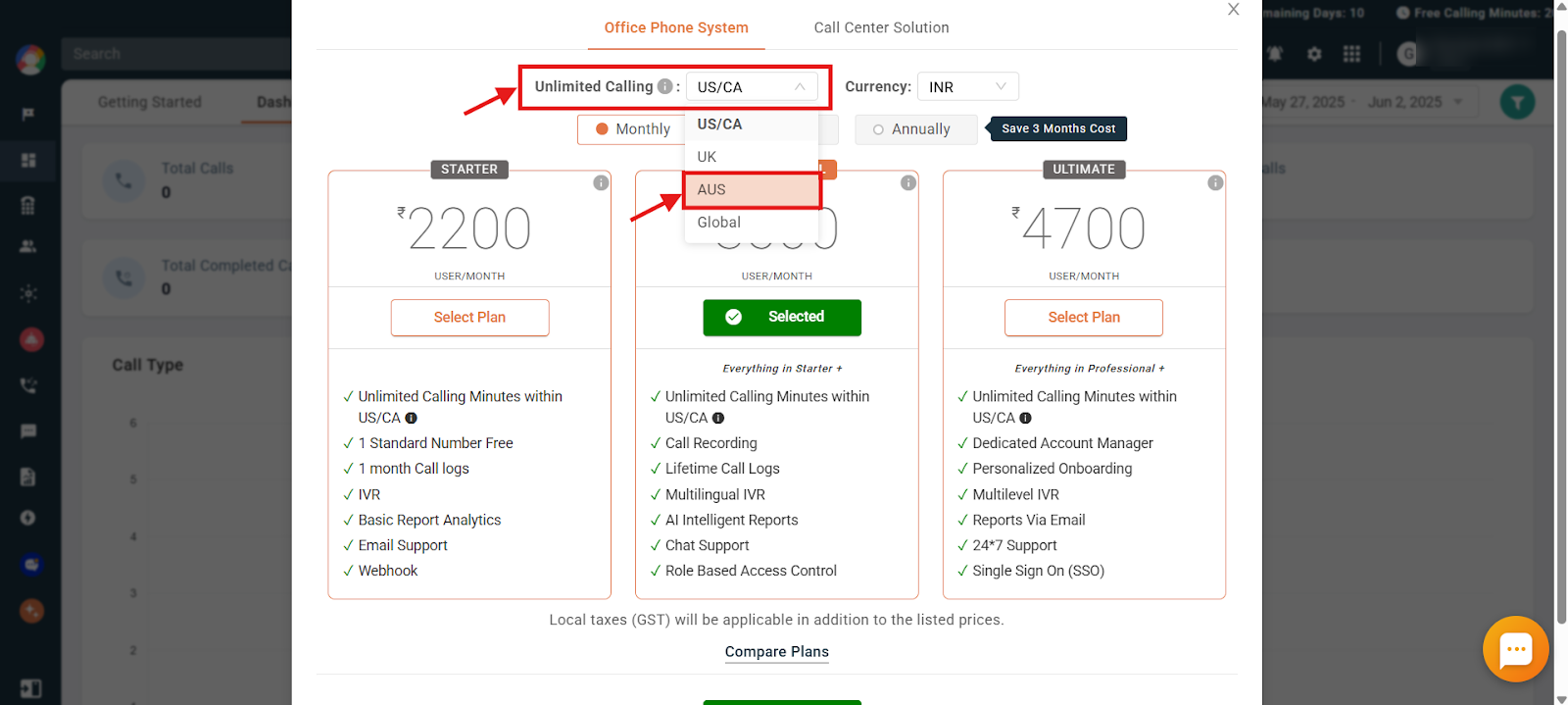Unlimited Calling dropdown showing region options such as US/CA, UK, AUS and Global