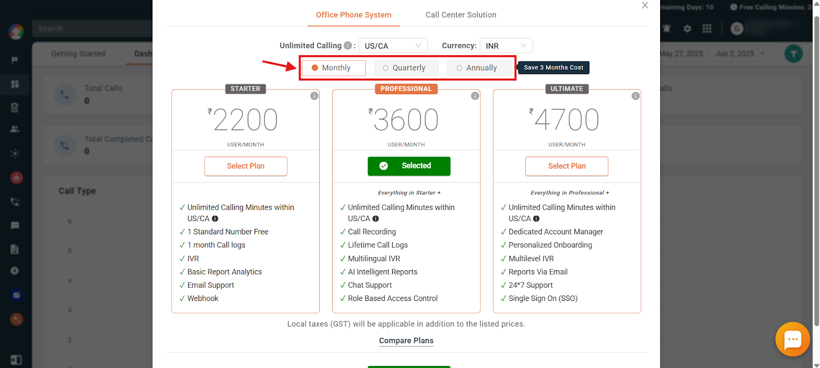 Monthly, Quarterly and Annually billing cycle options on the plan selection screen