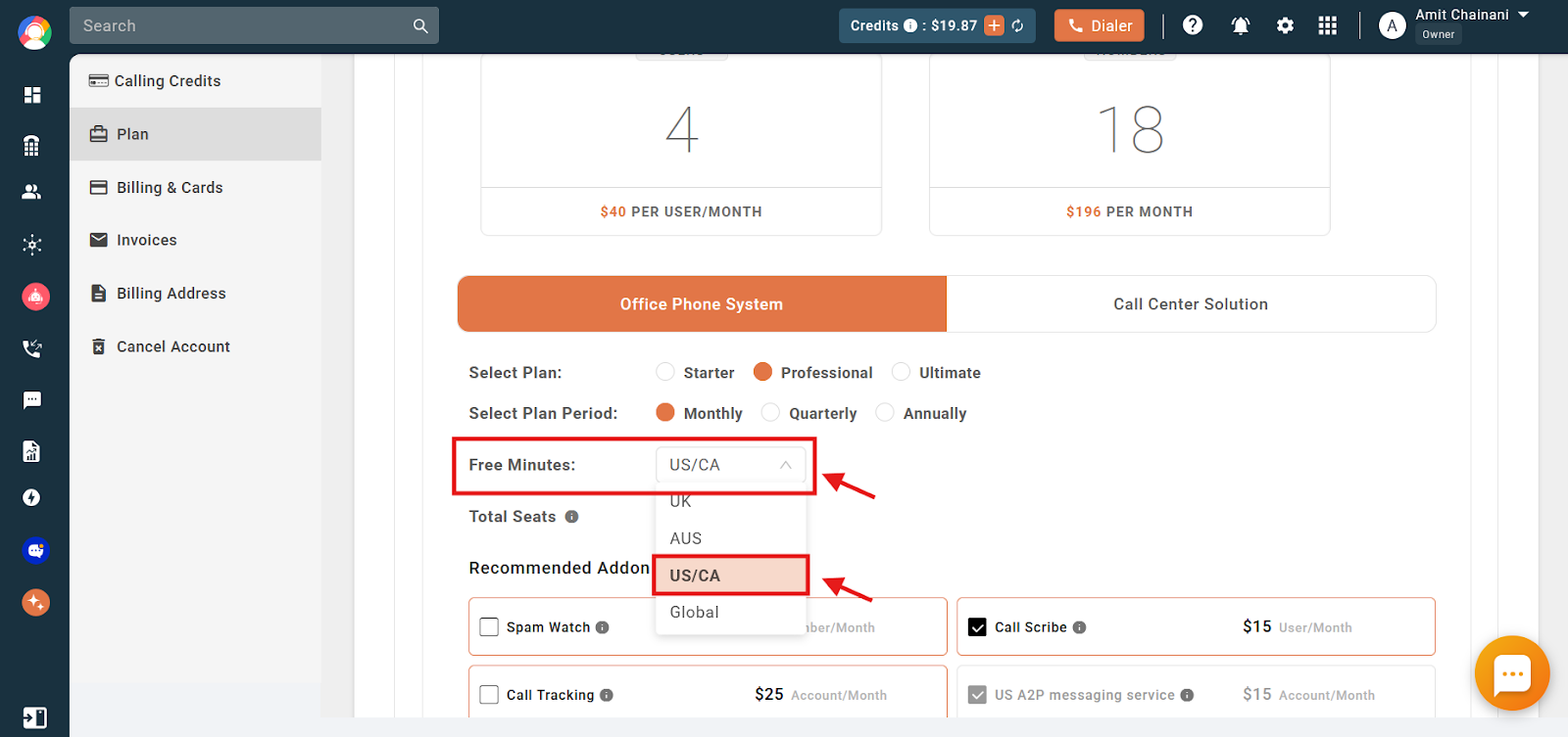 Free Minutes dropdown showing region options UK, AUS, US/CA and Global