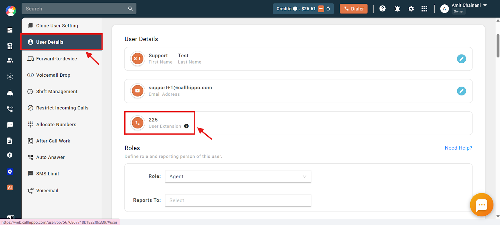 User Details page showing the three-digit User Extension 225 in CallHippo