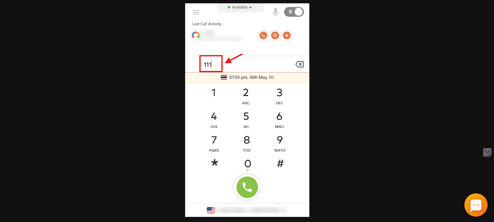 CallHippo dialer with a three-digit user extension entered before calling