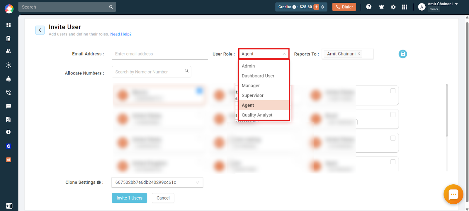 CallHippo Invite User page with the User Role dropdown open showing available roles