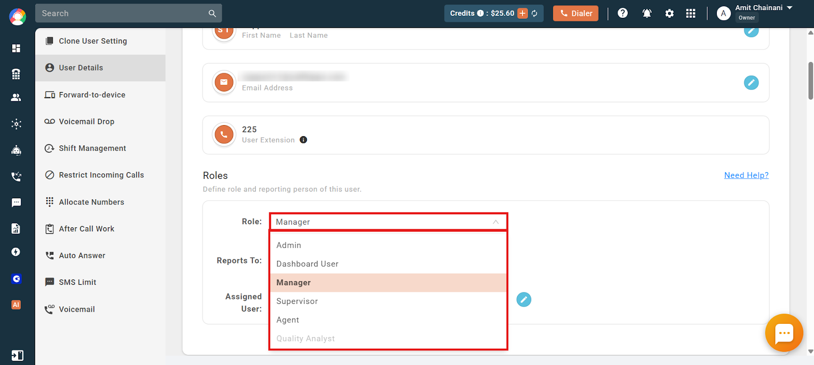 User Details settings with the Role dropdown open to change an existing user's role