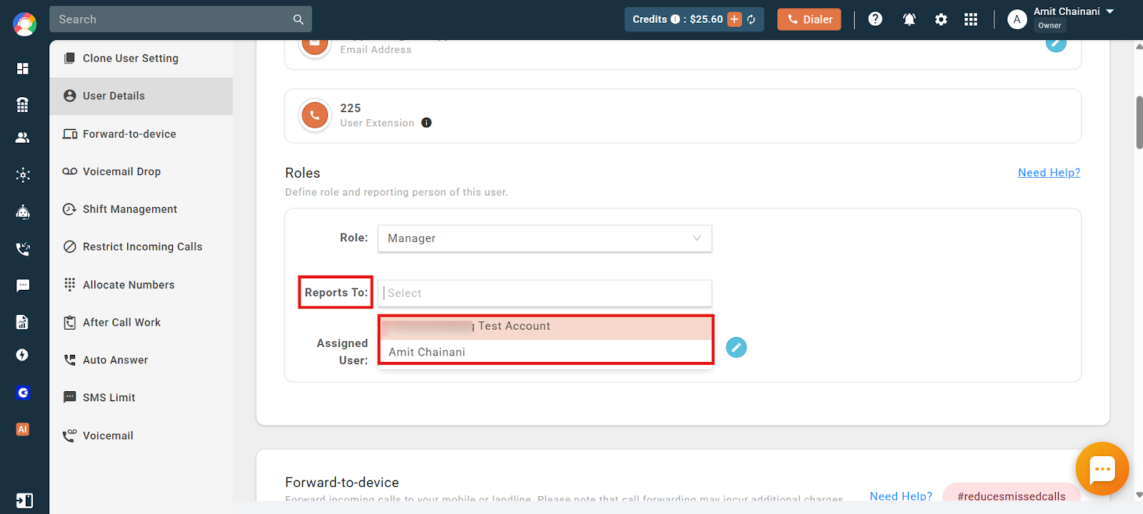 User Roles settings showing the Reports To field and Assigned User field
