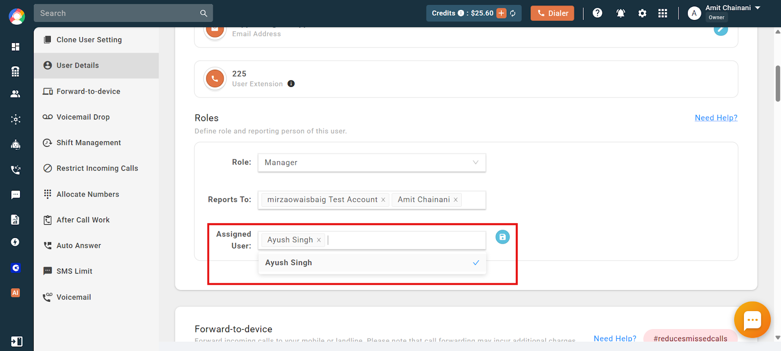 Assigned User field selecting a lower-level user whose data can be accessed