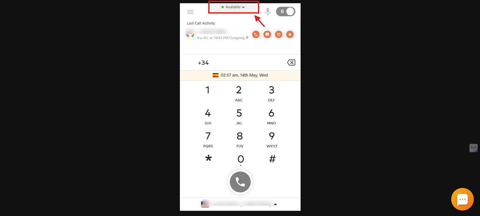 CallHippo web dialer with the Available status control highlighted at the top