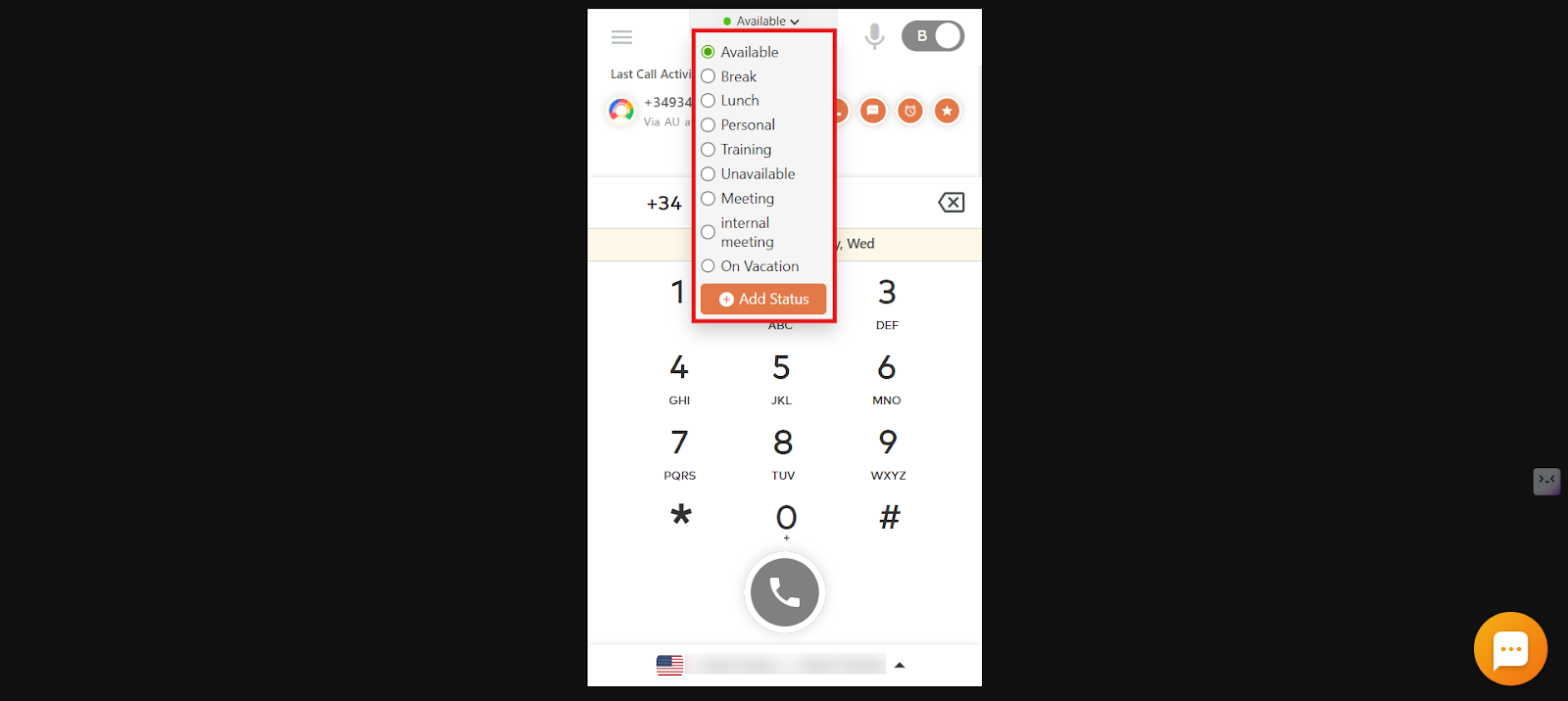 CallHippo dialer status dropdown open, showing Available, Break, Lunch and other status options with an Add Status button