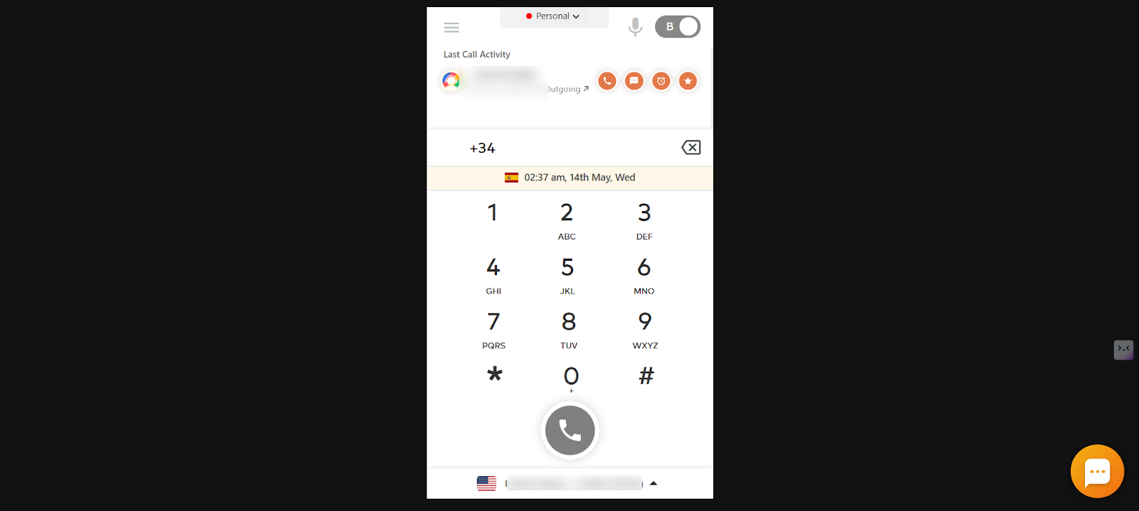 CallHippo dialer showing the Personal status active at the top