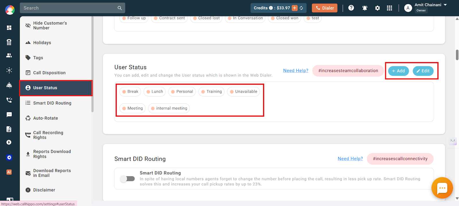 CallHippo Settings with User Status selected, showing the list of statuses and Add and Edit buttons