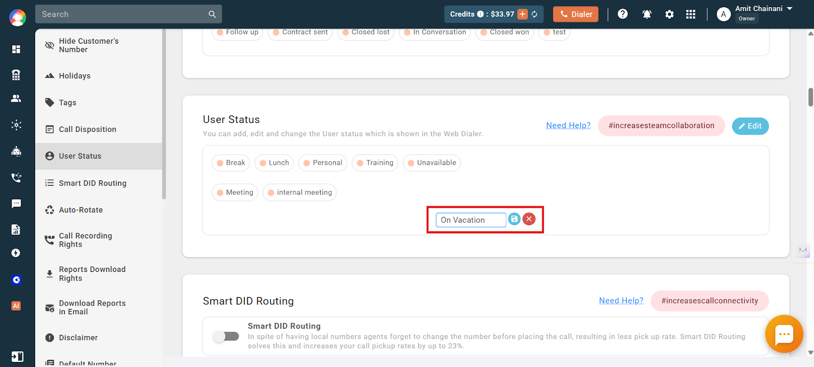 Adding a new On Vacation user status with save and cancel buttons