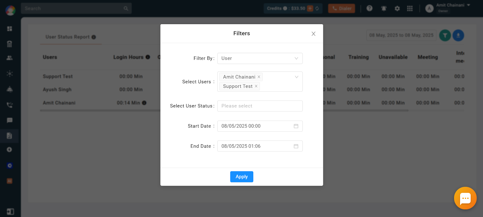 User Status Report filter dialog with user, status and date range options
