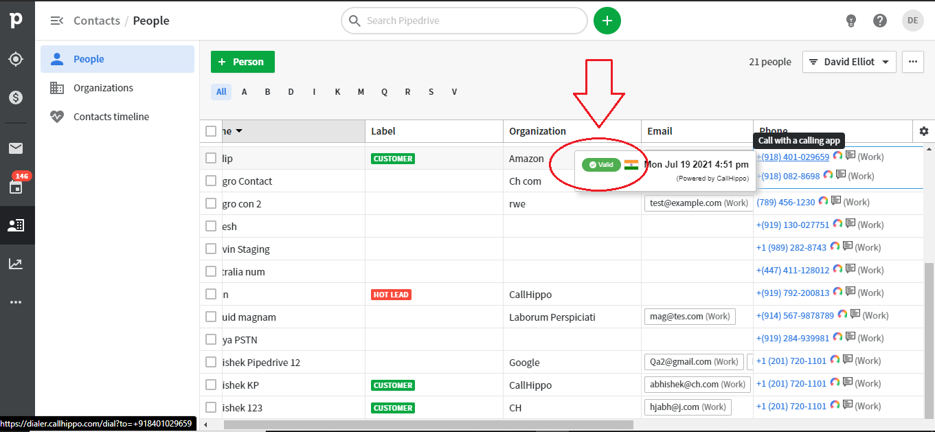 Pipedrive contact showing a green Valid label when hovering over a phone number