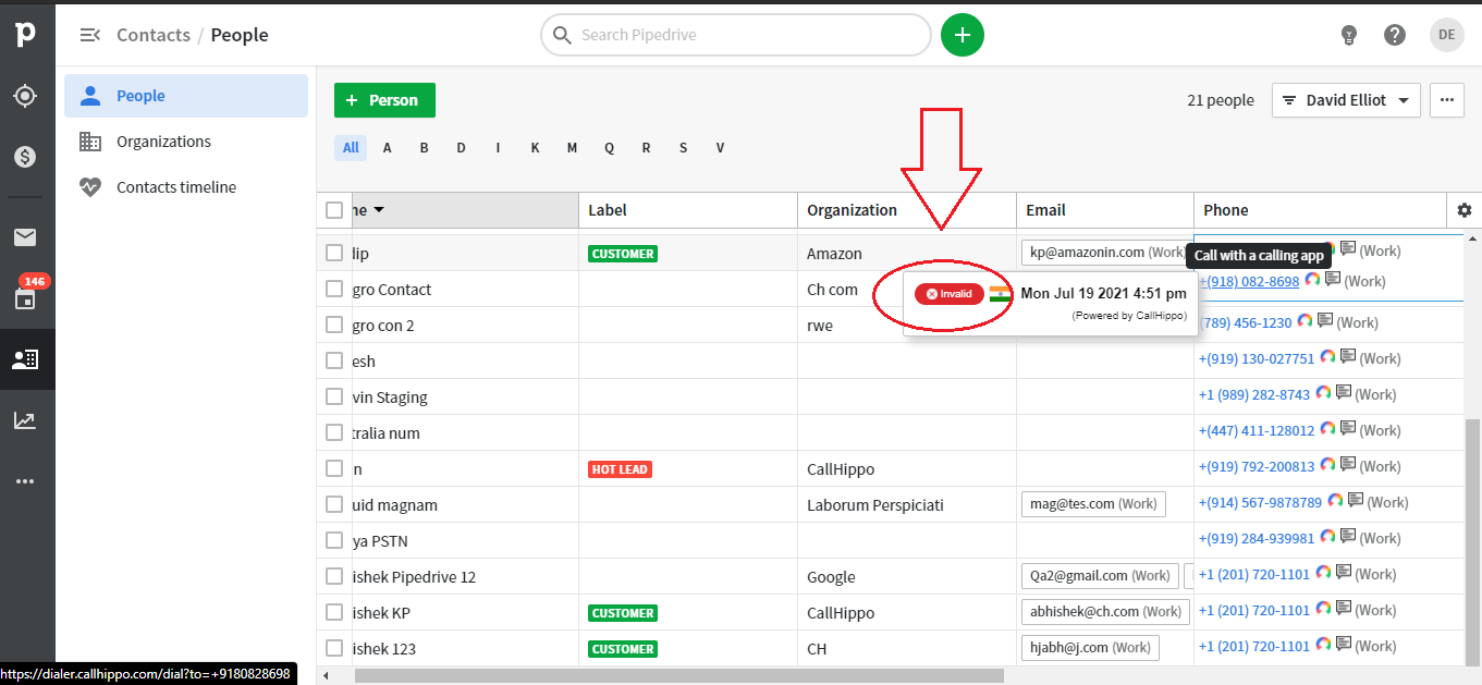 Pipedrive contact showing a red Invalid label when hovering over a phone number