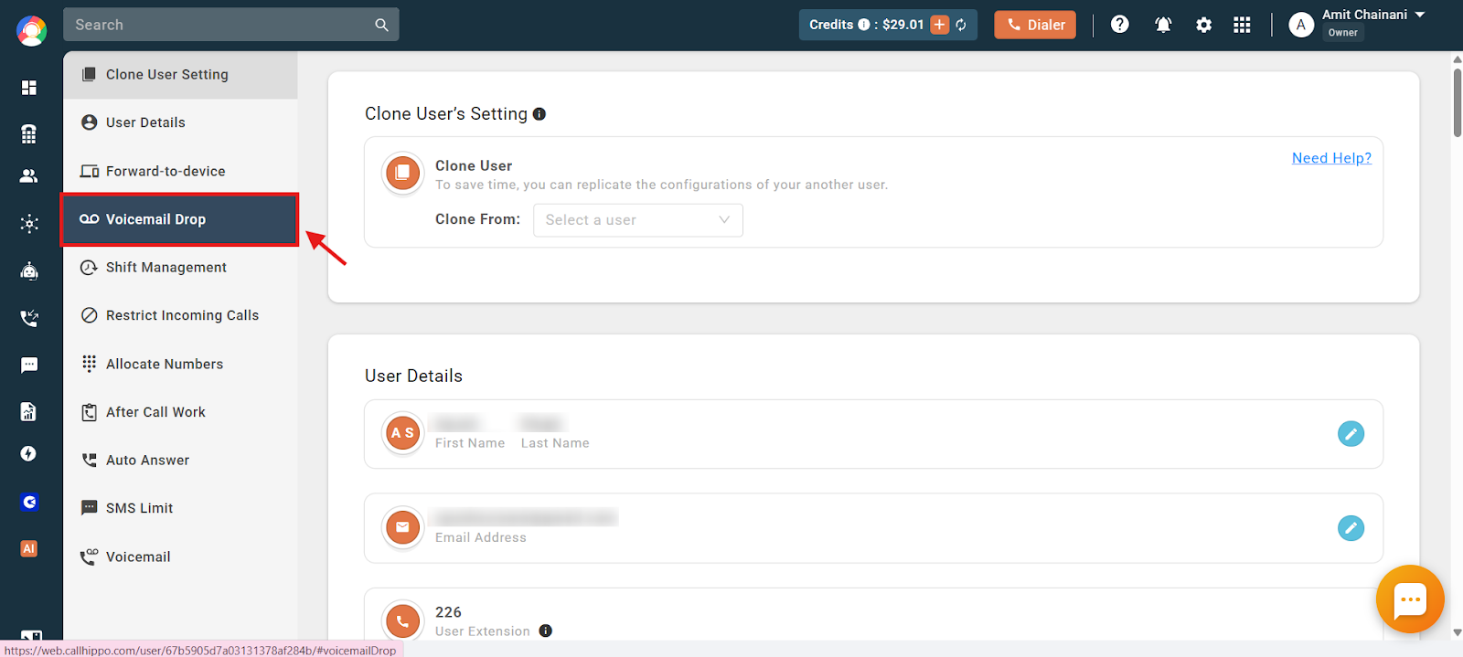 User settings page with the Voicemail Drop option highlighted in the left menu