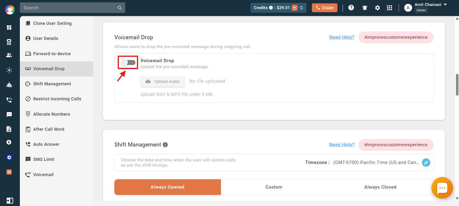 Voicemail Drop settings with the enable toggle highlighted