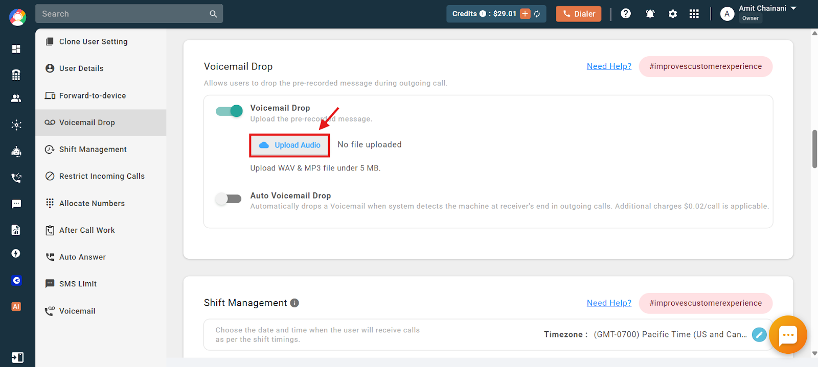 Voicemail Drop settings with the Upload Audio button highlighted