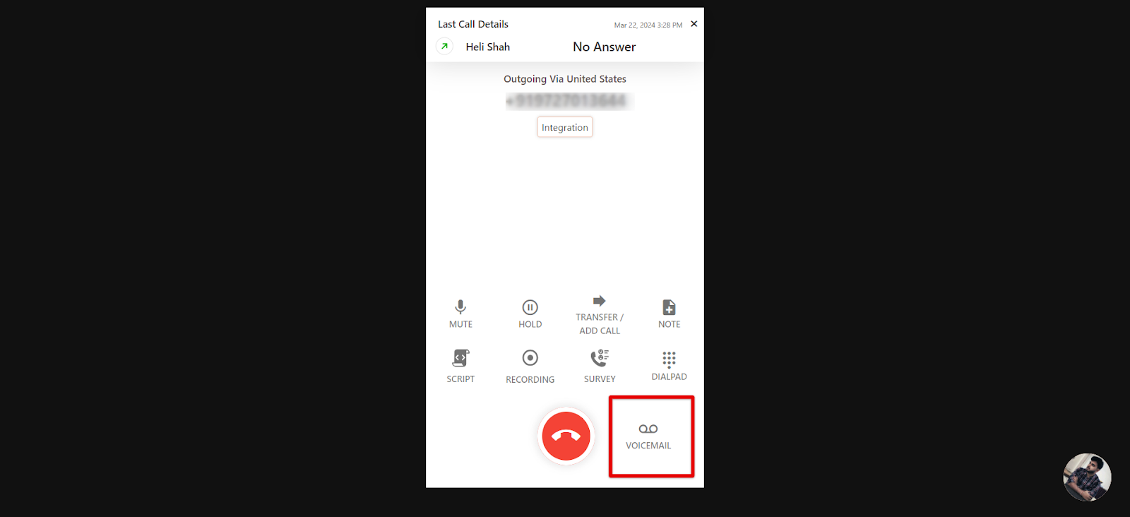 CallHippo dialer during an outgoing call with the VOICEMAIL button highlighted