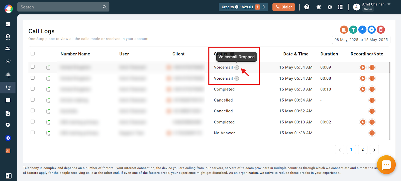 Call Logs showing Voicemail status with the Voicemail Dropped tooltip