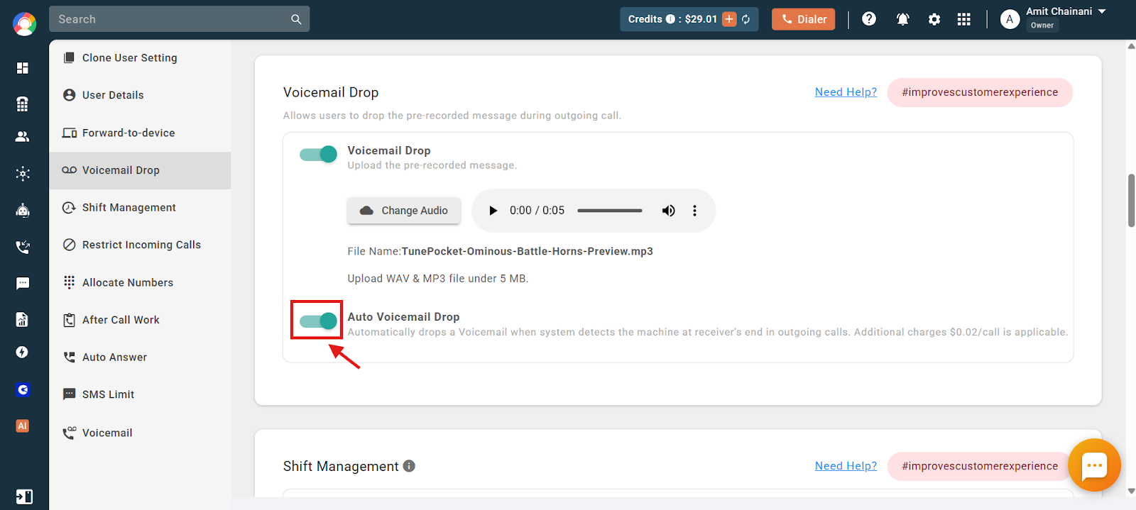 Voicemail Drop settings with the Auto Voicemail Drop toggle enabled and audio file uploaded