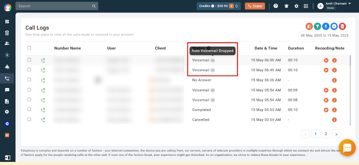 Call Logs showing Voicemail status with the Auto Voicemail Dropped tooltip