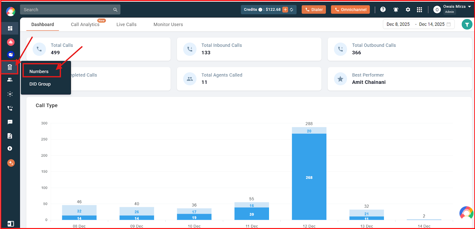 Numbers option under the Numbers and DID section in the CallHippo dashboard