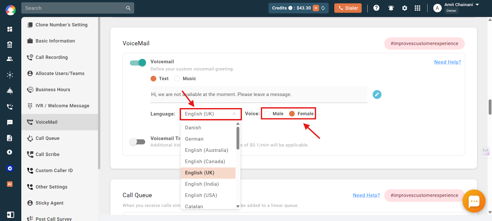 Language dropdown and male or female voice selection for the text greeting