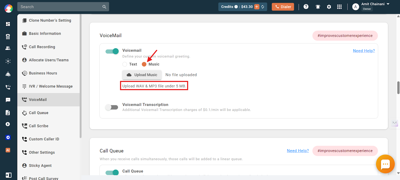 Upload Music option accepting WAV and MP3 files under 5 MB