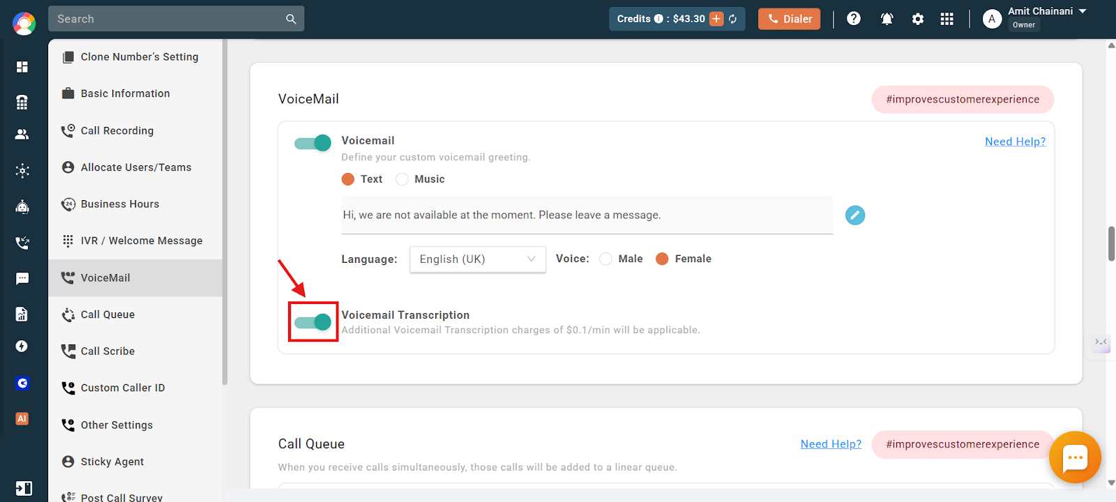 Voicemail Transcription toggle enabled in the number voicemail settings