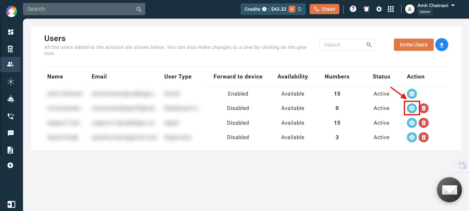 Settings gear icon in the Action column of a user in CallHippo