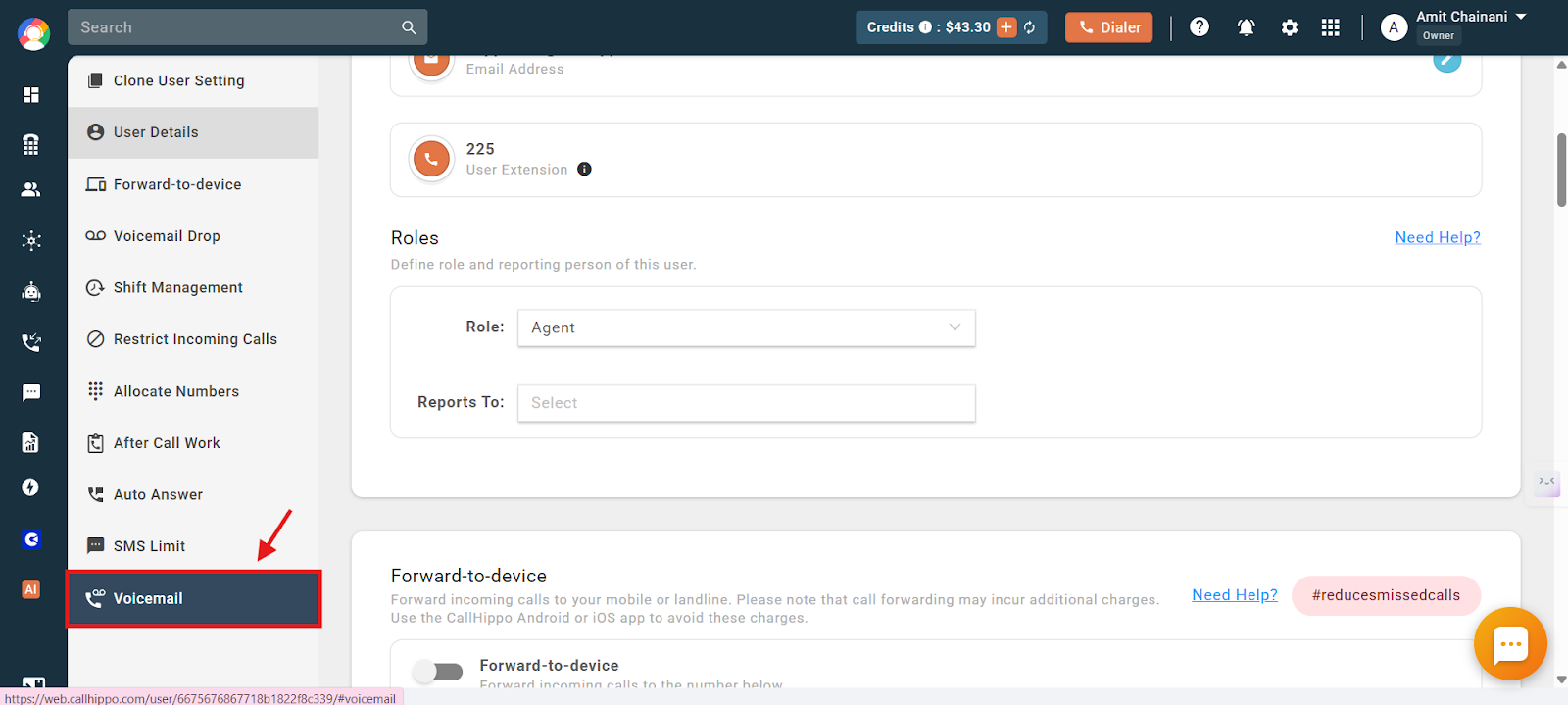 Voicemail option in the left panel of the user settings screen