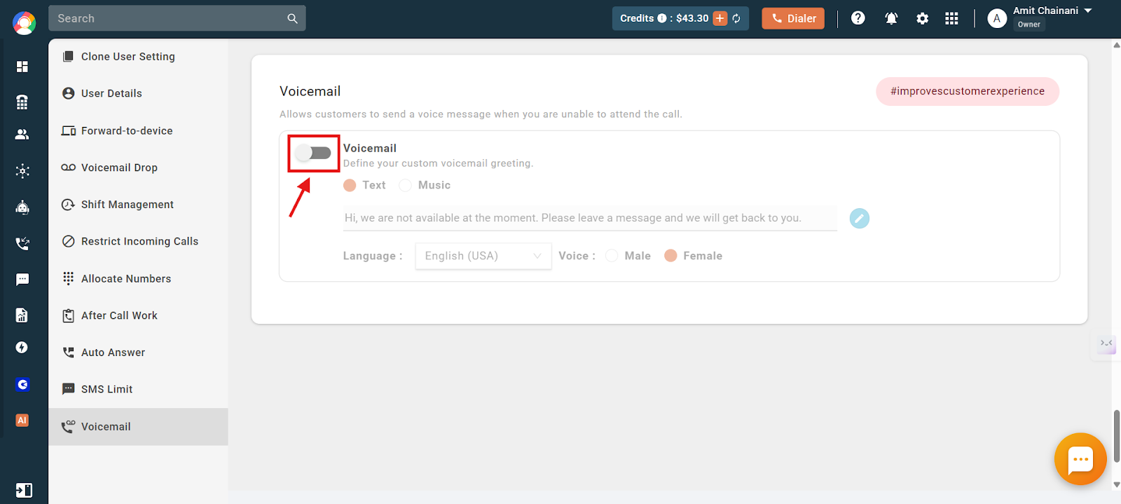 Voicemail toggle in the user voicemail settings