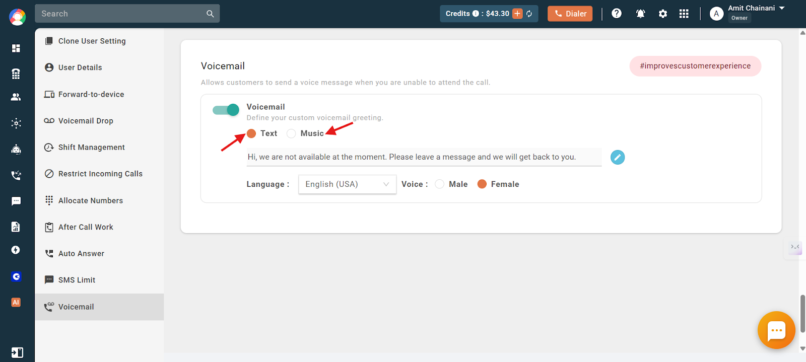 Text and Music options for the user voicemail greeting